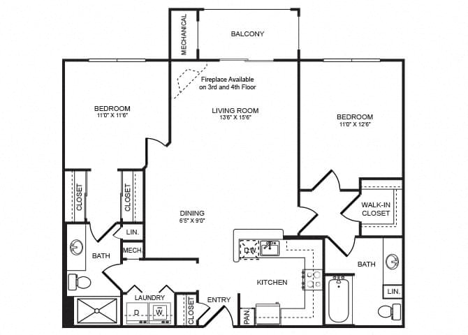 Floor plan for 2 beds, 2 baths, 1091 sqft